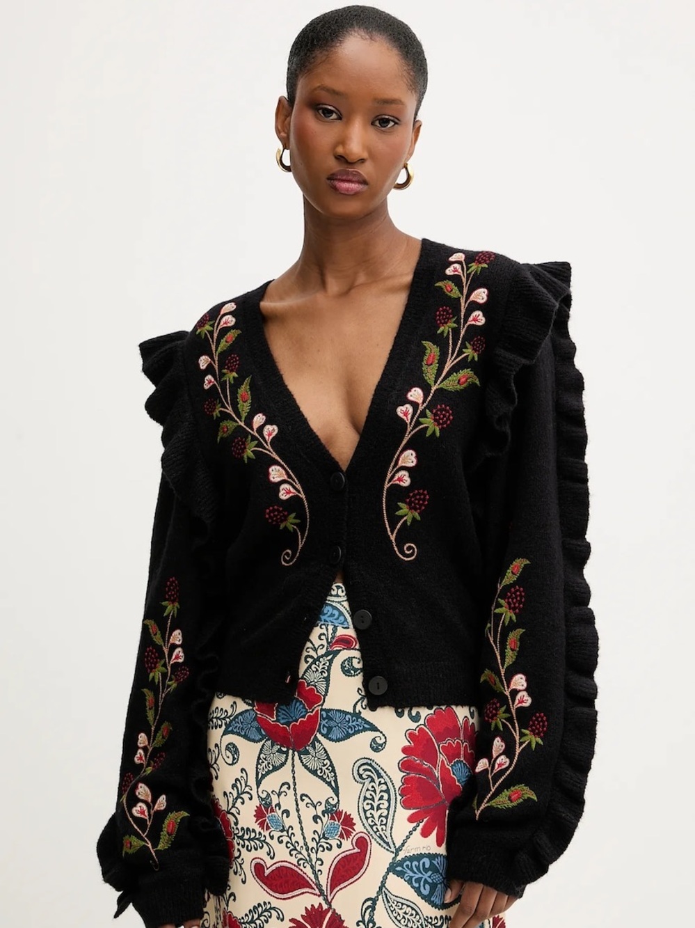Farm Rio Berry Embroidery Knit V Neck Cardigan